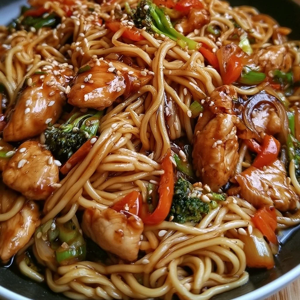 Schüssel mit Hähnchen-Teriyaki-Nudeln, garniert mit Frühlingszwiebeln