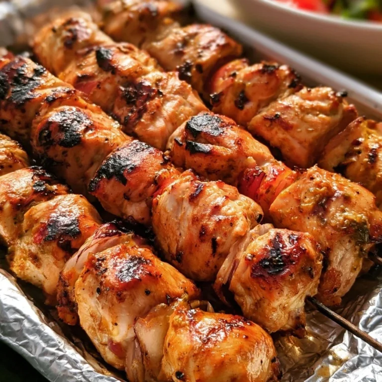 Saftige Hähnchenspieße vom Grill mit frischen Kräutern und Gemüse.