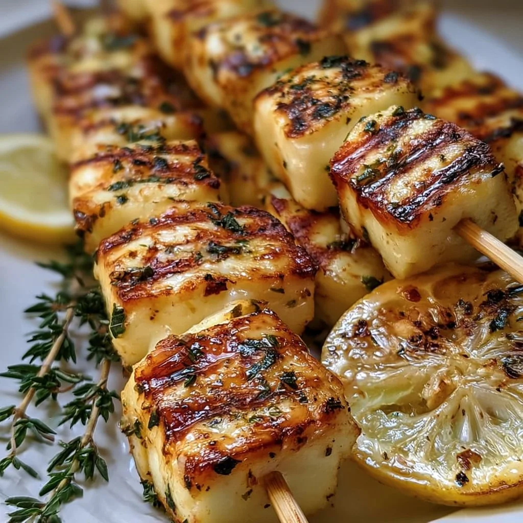 Halloumi Spieße mit Zitrone und Thymian auf einem Grill