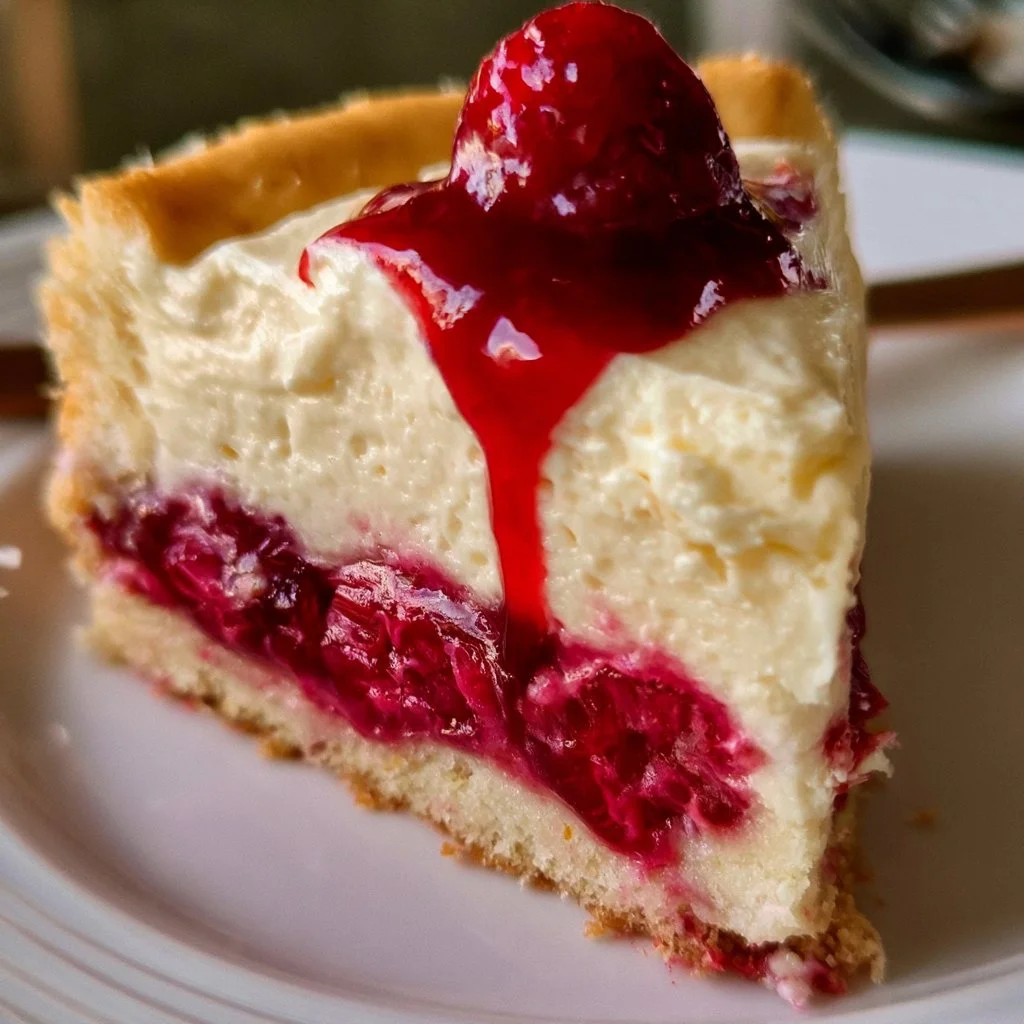 Himbeer Schmand Kuchen auf einem Teller angerichtet