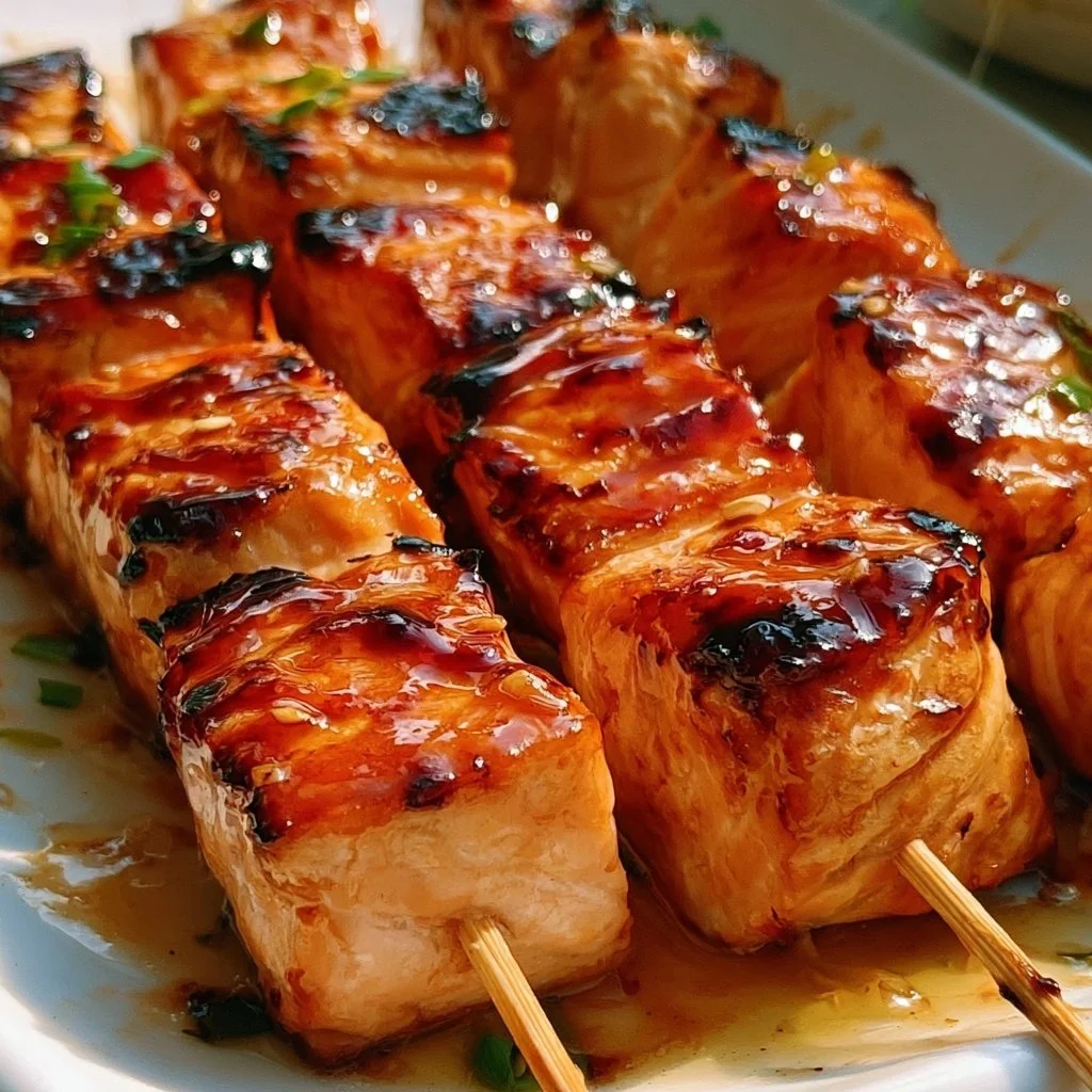 Honig-Glasierte Lachs-Spieße auf einem Grill, garnished mit frischen Kräutern.