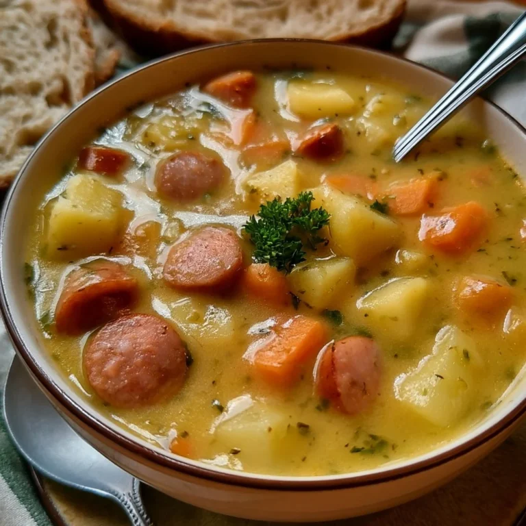 Schüssel mit Kartoffelsuppe und Würstchen, perfekt für kalte Tage.