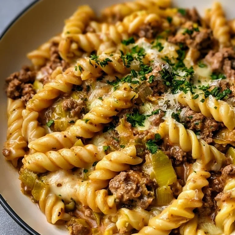Käse-Lauch Pasta mit Hackfleisch auf einem Teller, dekoriert mit frischen Kräutern.