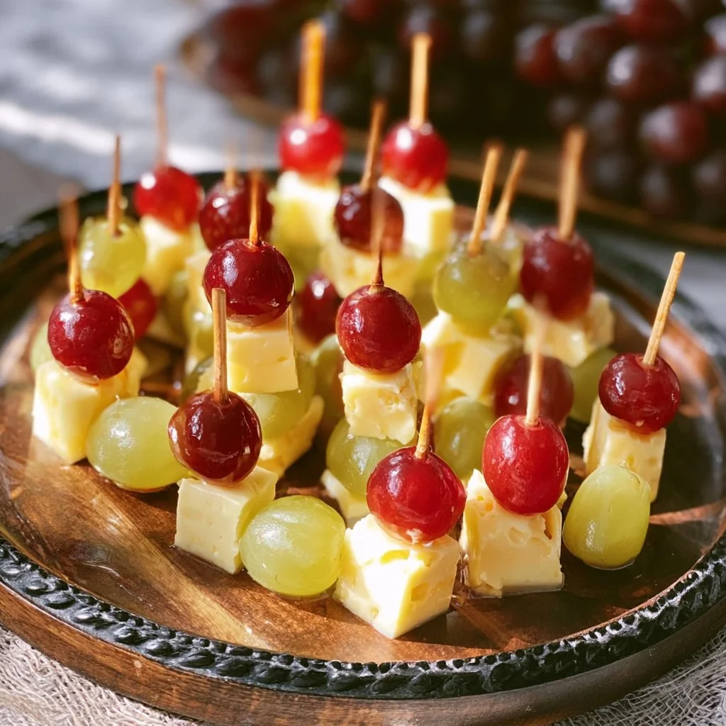 Käse-Weintrauben-Spieße auf einem Tisch, ideal für Feiern und Snacks