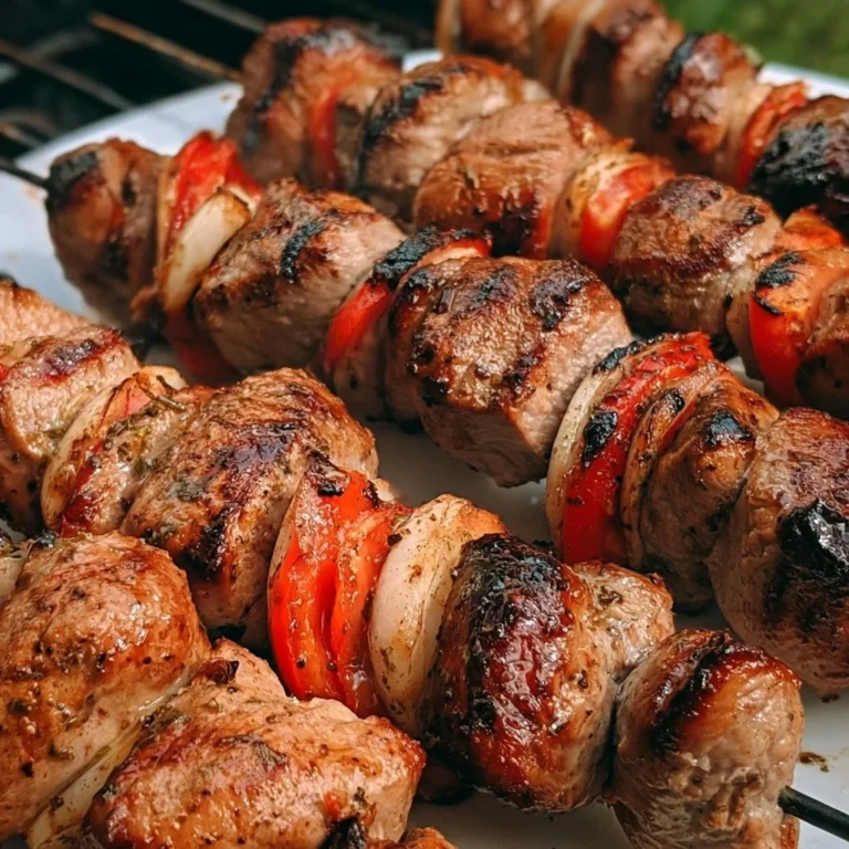 Klassisches Schaschlik auf einem Grill mit frischem Gemüse und Gewürzen