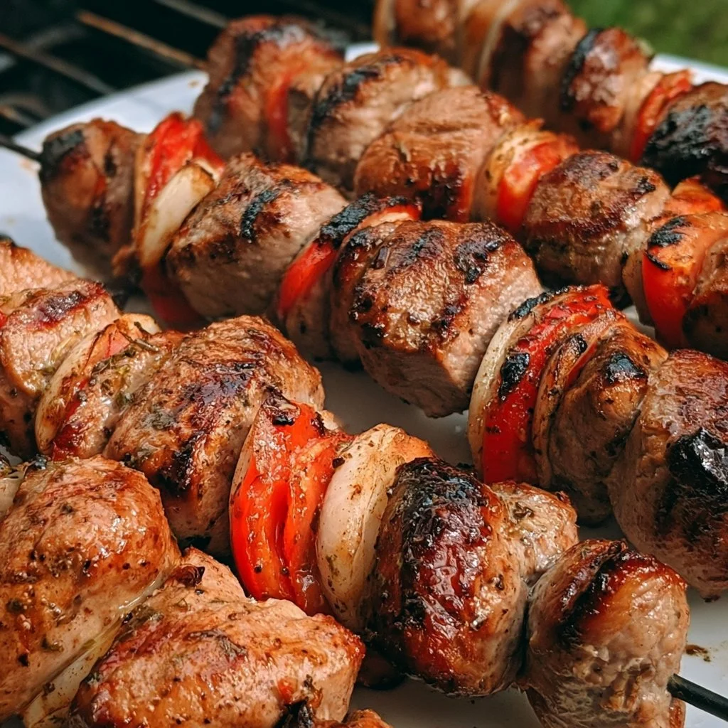 Klassisches Schaschlik auf einem Grill mit frischem Gemüse und Gewürzen