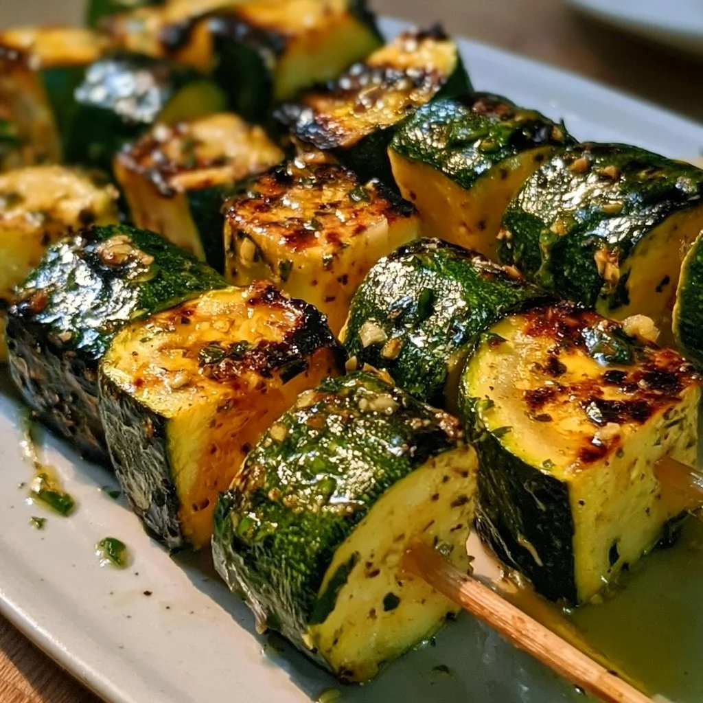 Knoblauch-Butter-Zucchini-Spieße auf einem Grill serviert