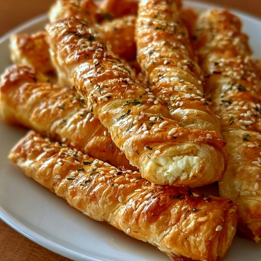 Knusprige Feta-Blätterteig-Sticks auf einem Teller serviert.