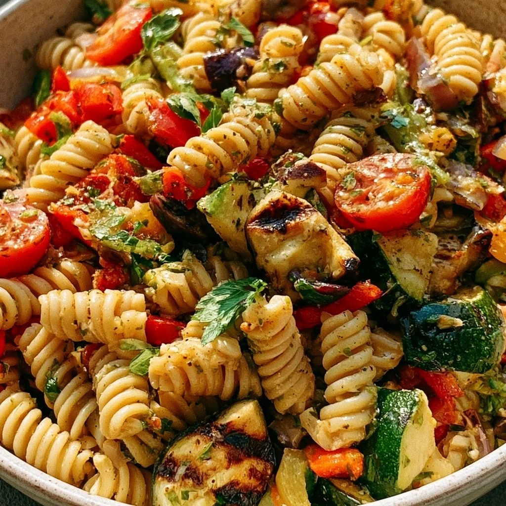 Mediterraner Nudelsalat mit grünem Gemüse und Kräutern auf einem Teller