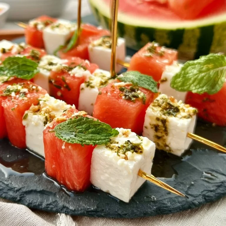 Melonen-Feta-Spieße als erfrischendes Sommer-Fingerfood auf einem Teller angerichtet