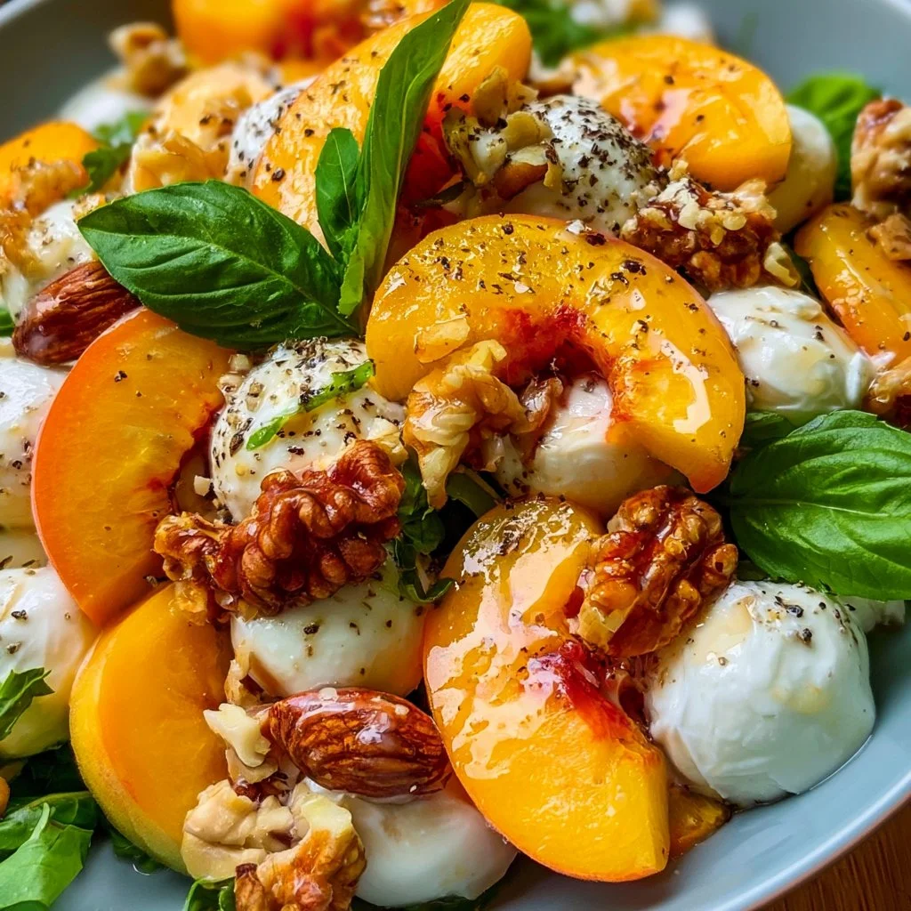 Millionaire Peach Salad mit frischen Pfirsichen und buntem Gemüse für den Sommer