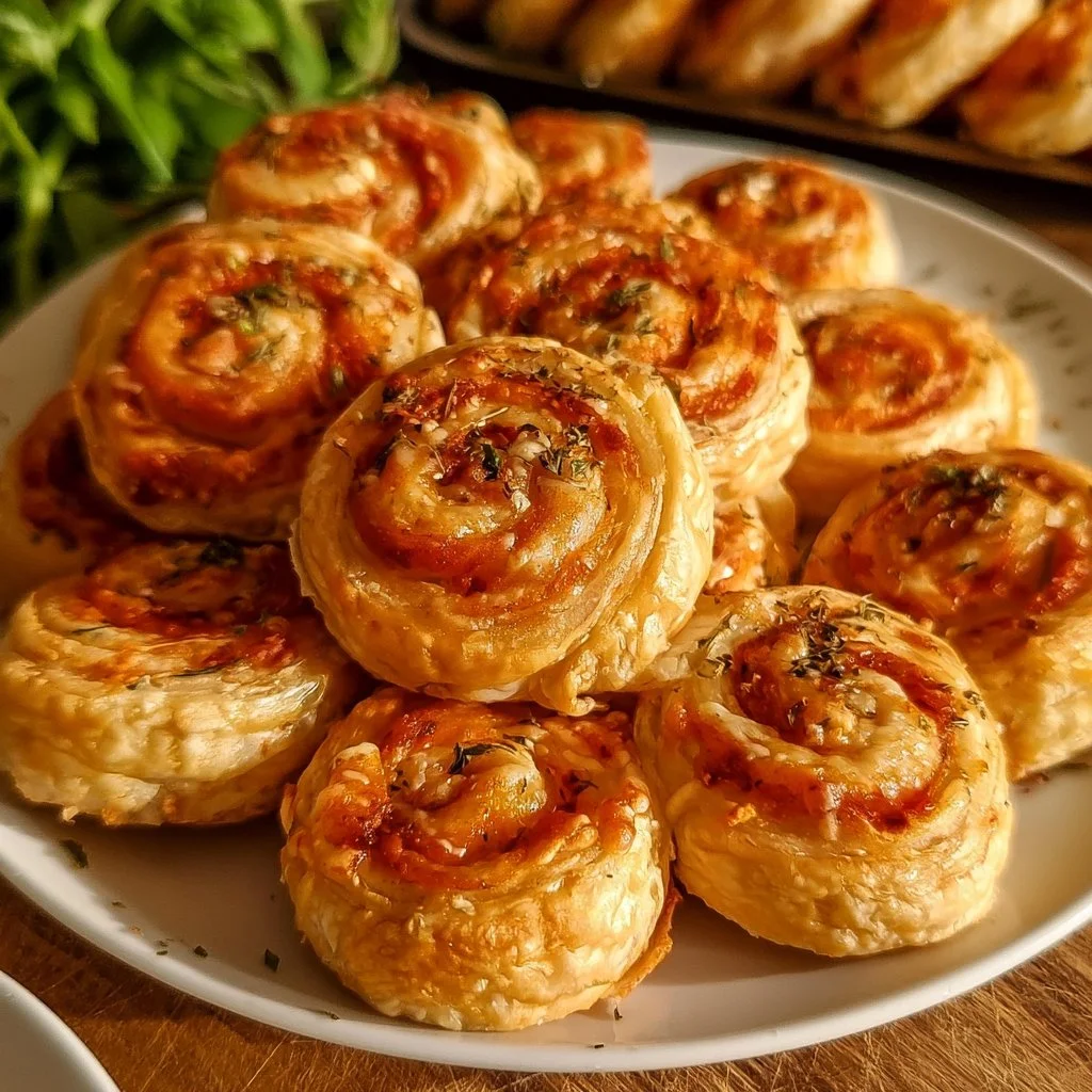 Mini-Pizza-Schnecken aus Blätterteig, frisch zubereitet und serviert.