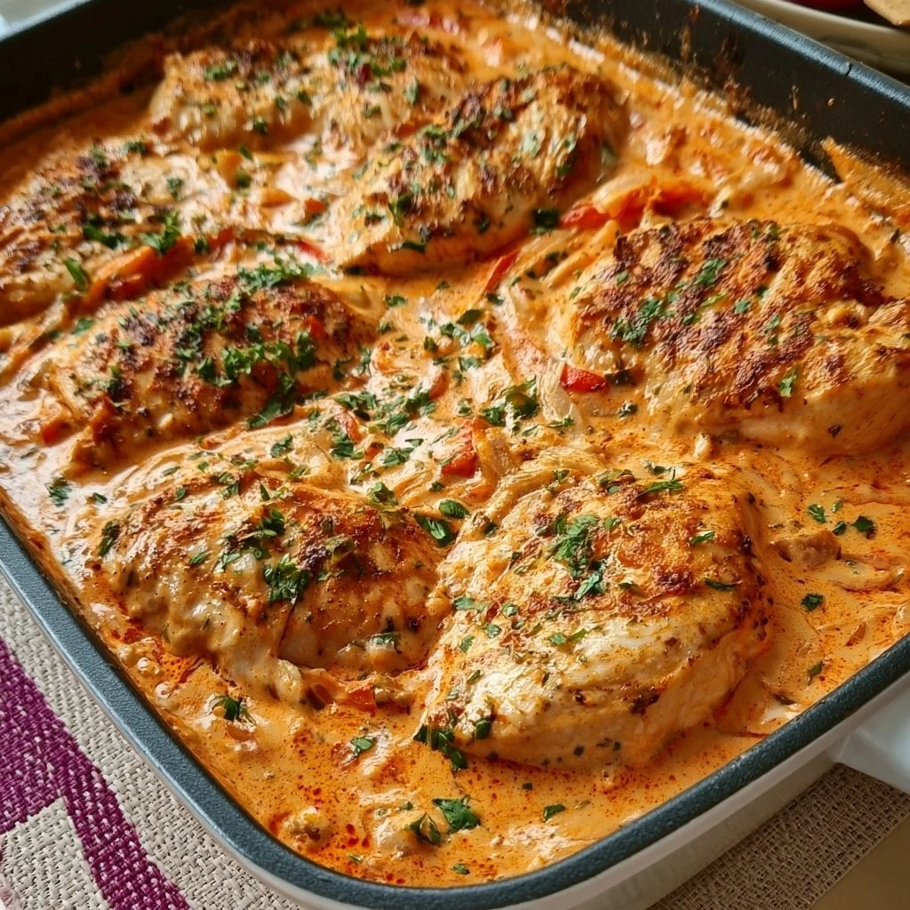 Paprika Sahne Hähnchen mit frischen Zutaten und cremiger Sauce