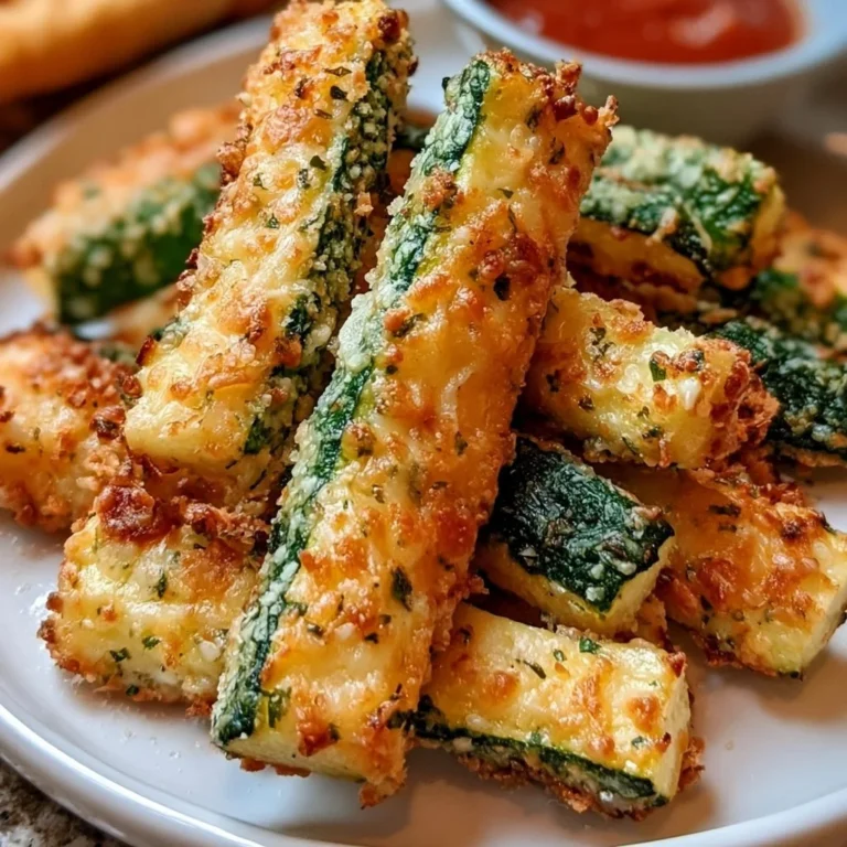 Parmesan-Zucchini-Pommes auf einem Teller, garniert mit frischen Kräutern.