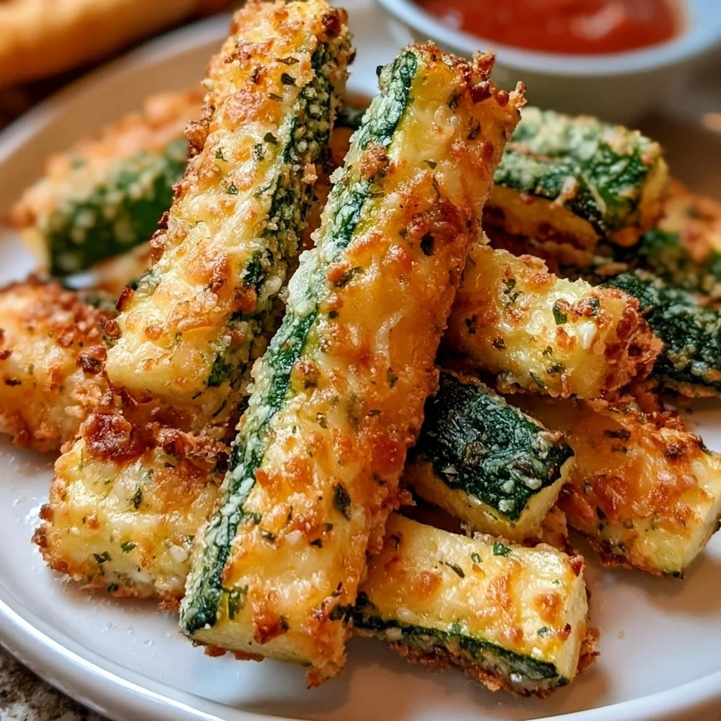 Parmesan-Zucchini-Pommes auf einem Teller, garniert mit frischen Kräutern.