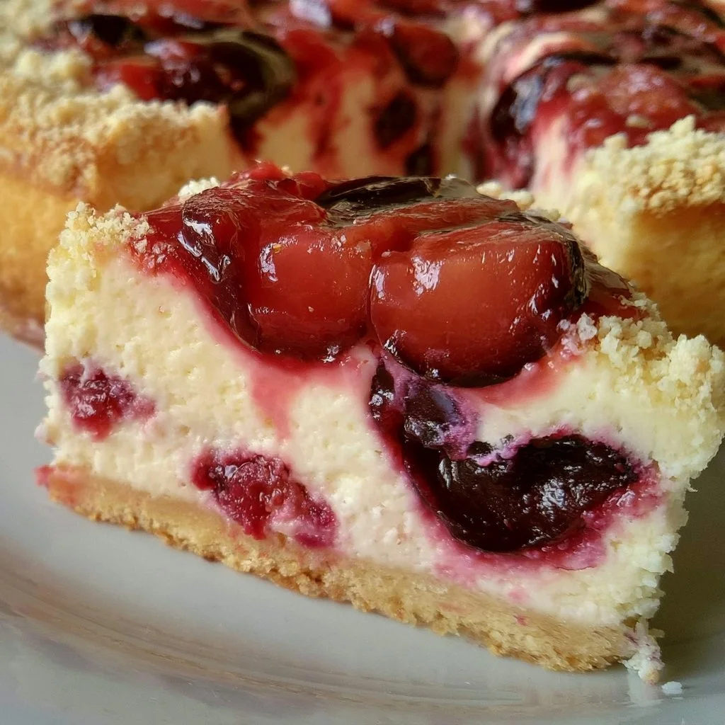 Leckeres Stück Pflaumen-Käsekuchen auf einem Teller