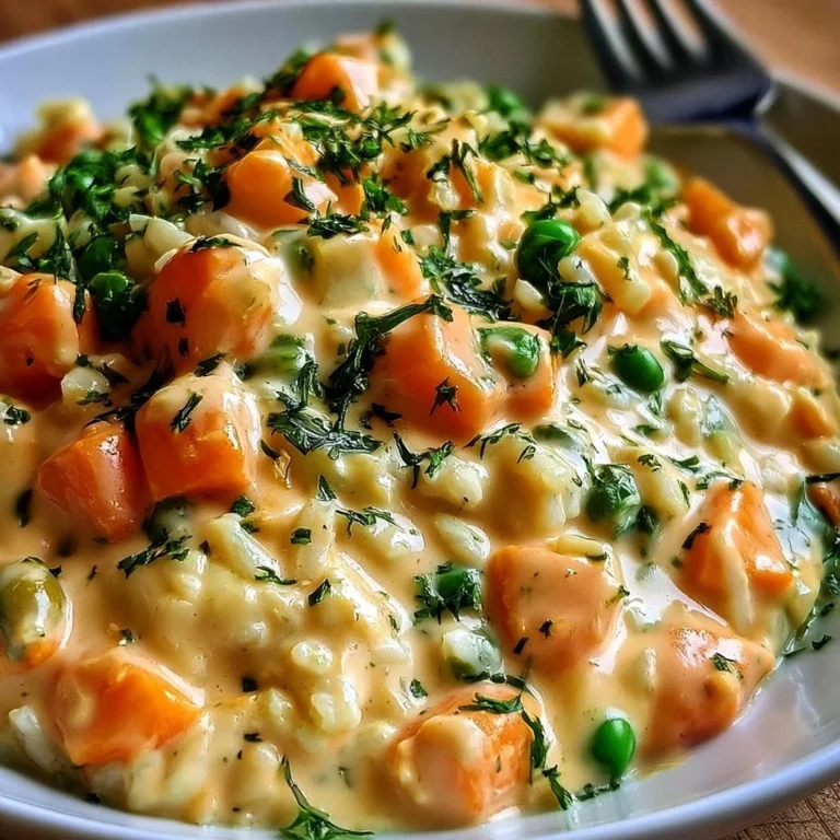 Reis mit Gemüse-Frischkäse-Sauce in einer eleganten Schüssel serviert.