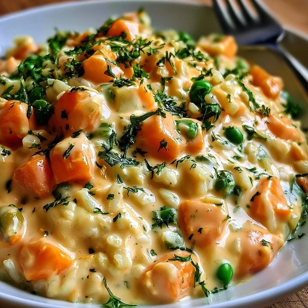 Reis mit Gemüse-Frischkäse-Sauce in einer eleganten Schüssel serviert.