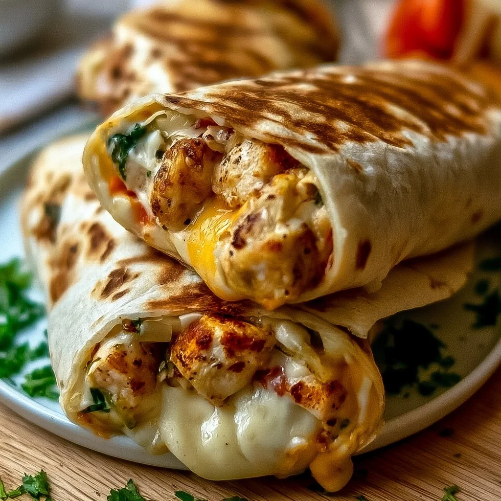 Leckere Käse-Knoblauch-Hähnchen-Wraps auf einem Teller serviert