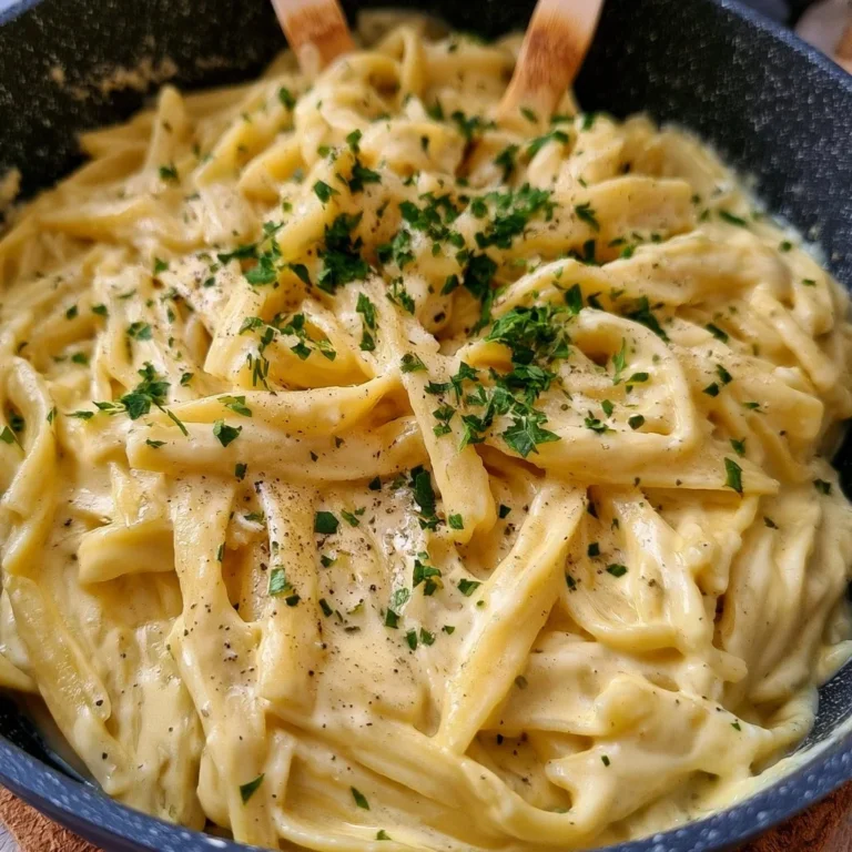 Schnelle Nudeln mit cremiger Käse-Sahne Sauce auf einem Teller