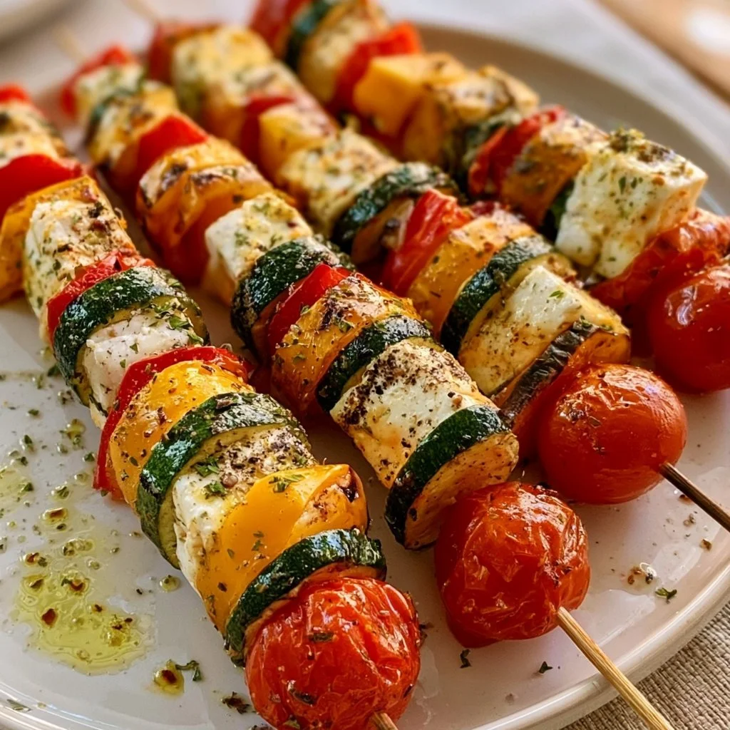 Sonnenverwöhnte Feta-Gemüse-Spieße auf dem Grill, dekorativ und appetitlich.