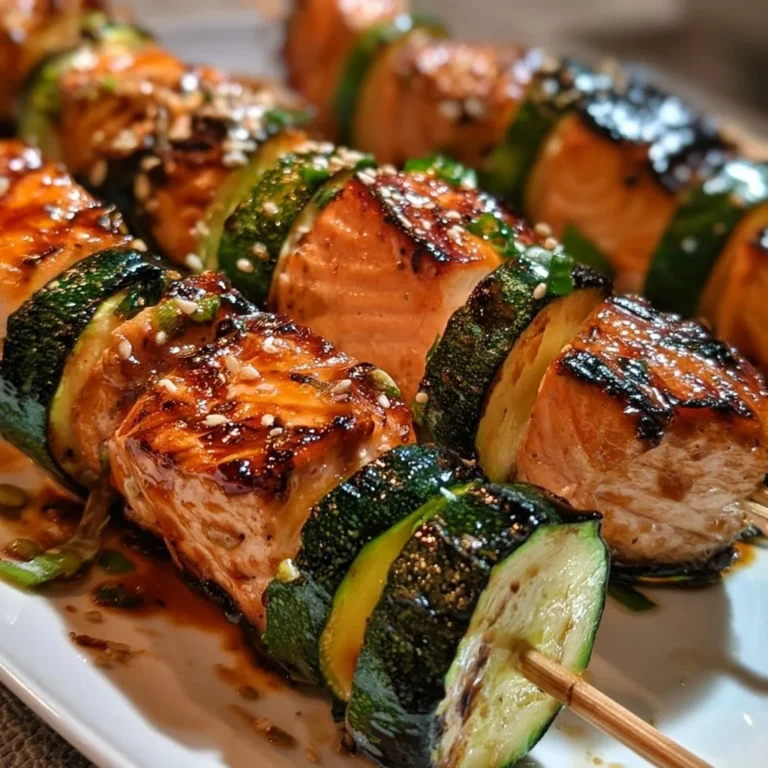 Gegrillte Teriyaki-Lachs und Zucchini-Spieße auf einem Teller