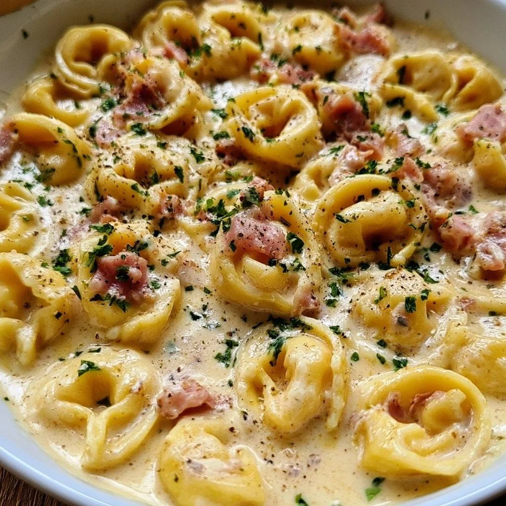 Tortellini in cremiger Schinken-Sahne-Soße auf einem Teller serviert