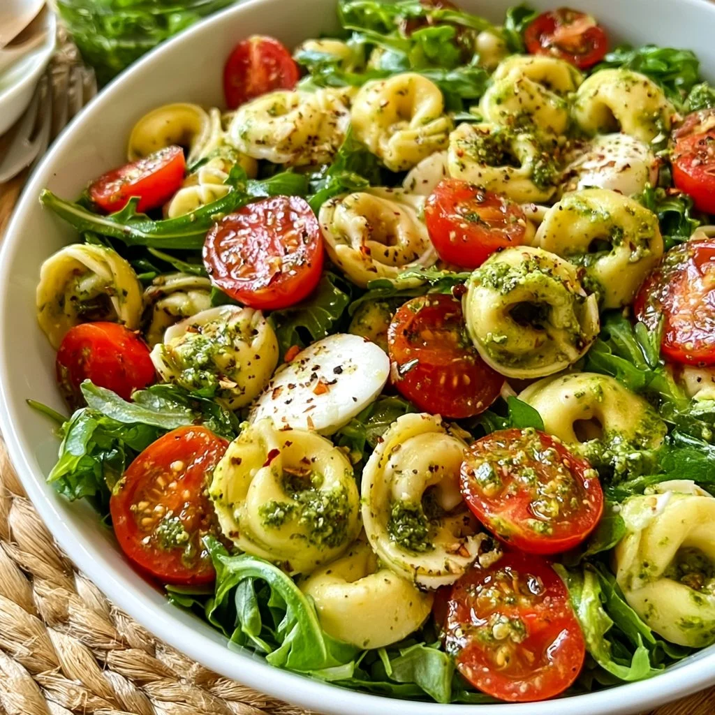 Tortellini-Salat mit Pesto und Rucola auf einem Teller