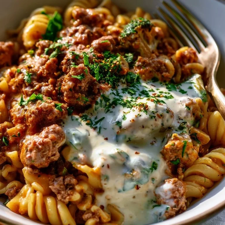 Türkische Pasta mit Hackfleisch und Joghurt-Sauce auf einem Teller serviert
