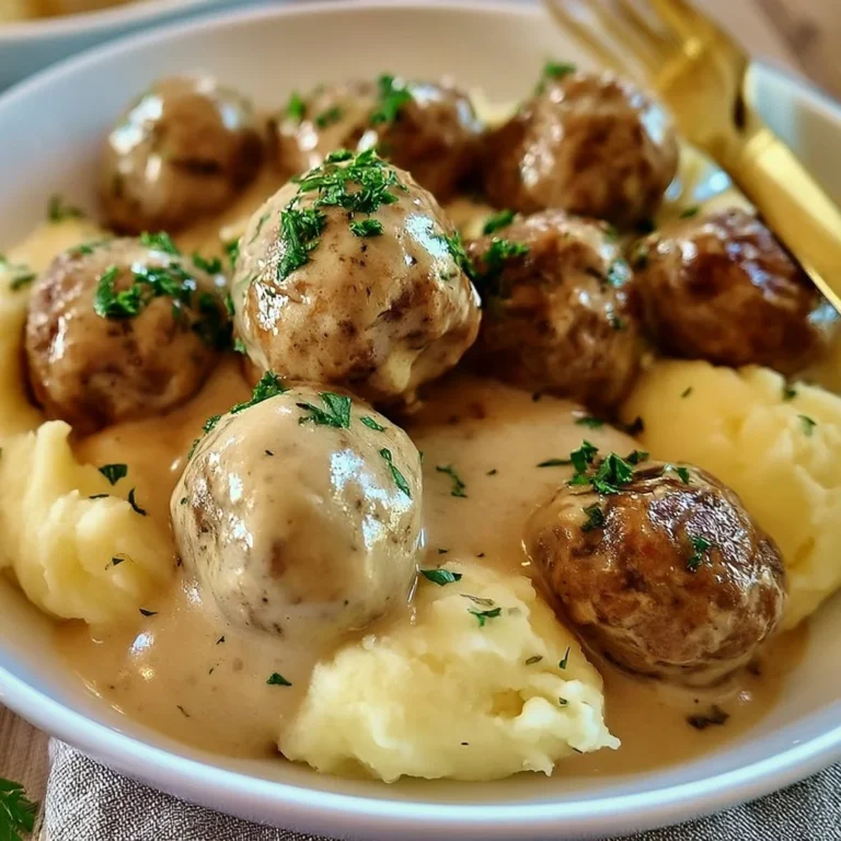 Hackbällchen in cremiger Sauce auf einem Teller mit Kartoffelpüree