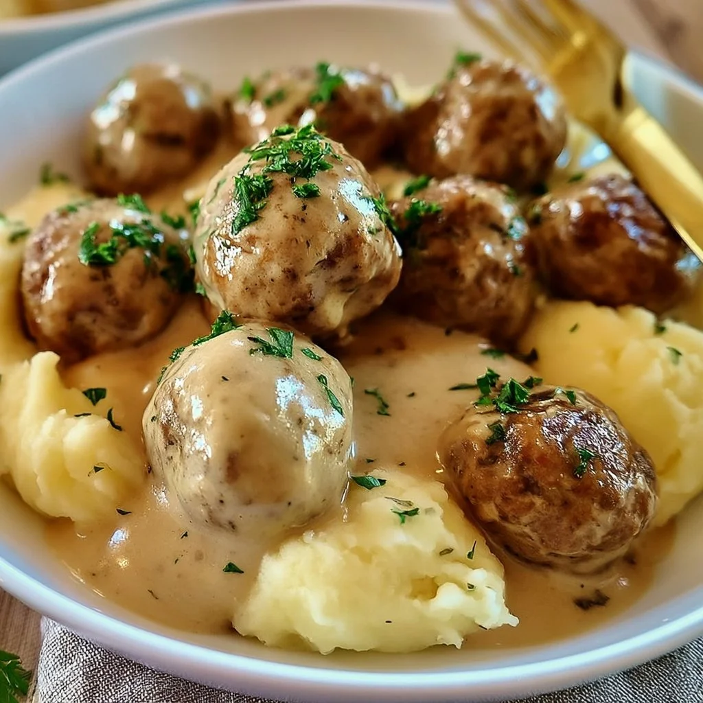 Hackbällchen in cremiger Sauce auf einem Teller mit Kartoffelpüree