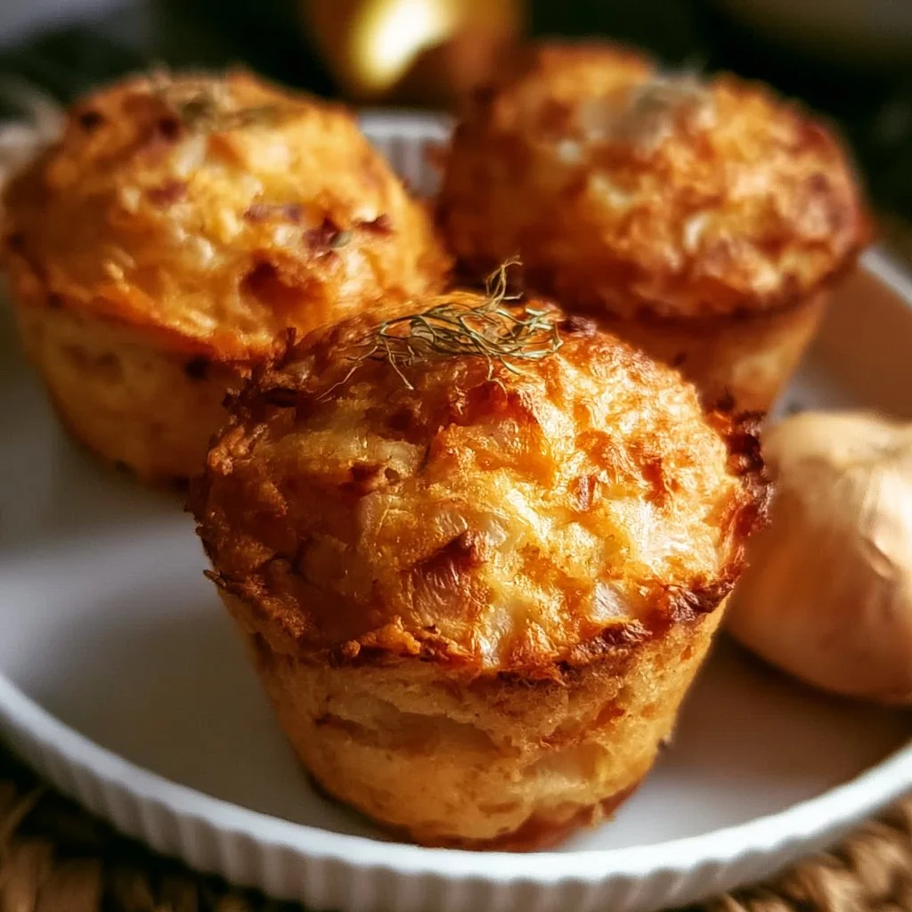 Frisch gebackene Zwiebelkuchenmuffins auf einem rustikalen Tisch serviert